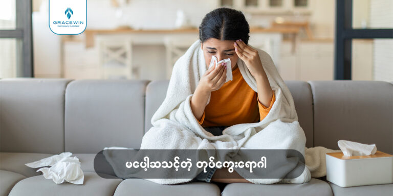 GRACEWIN လိုဂို ပါဝင်ပြီး "မပေါ့ဆသင့်တဲ့ တုတ်ကွေးရောဂါ" ဟု စာသားရေးထိုးထားသည့် ဓာတ်ပုံ။ ပုံထဲတွင် အမျိုးသမီးတစ်ဦးသည် ဆိုဖာပေါ်တွင် စောင်အဖြူခြုံလျက် တစ်ရှူးဖြင့် နှာညှစ်ရင်း၊ ကျန်လက်တစ်ဖက်ဖြင့် နဖူးကို ကိုင်ကာ ခေါင်းကိုက်နေသည့် ပုံစံဖြင့် ထိုင်နေသည်။ ဘေးတွင် တစ်ရှူးဘူးနှင့် အသုံးပြုပြီးသား တစ်ရှူးစများကို တွေ့ရသည်