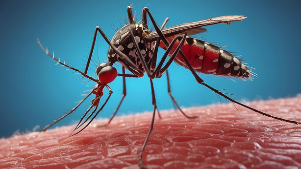 A close-up shot of a mosquito on human skin, featuring a "Gracewin Company Limited" logo in the top left and a text overlay in Burmese and English reading "ငှက်ဖျားရောဂါ